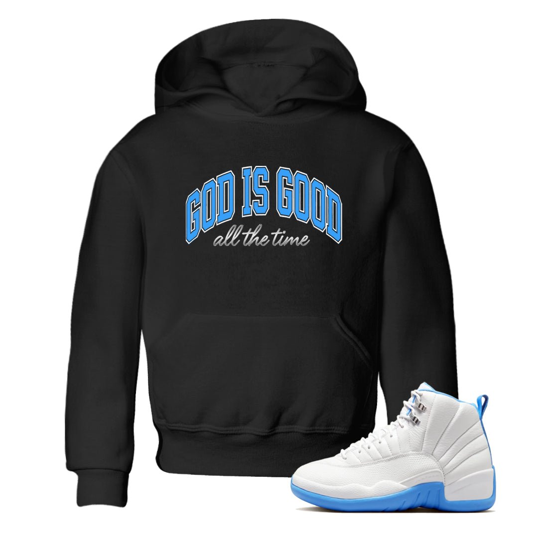 God Is Good baby and kids t-shirt crafted for little sneakerheads to shine with the Air Jordan 12 White and University Blue sneakers, displayed in Black 1.