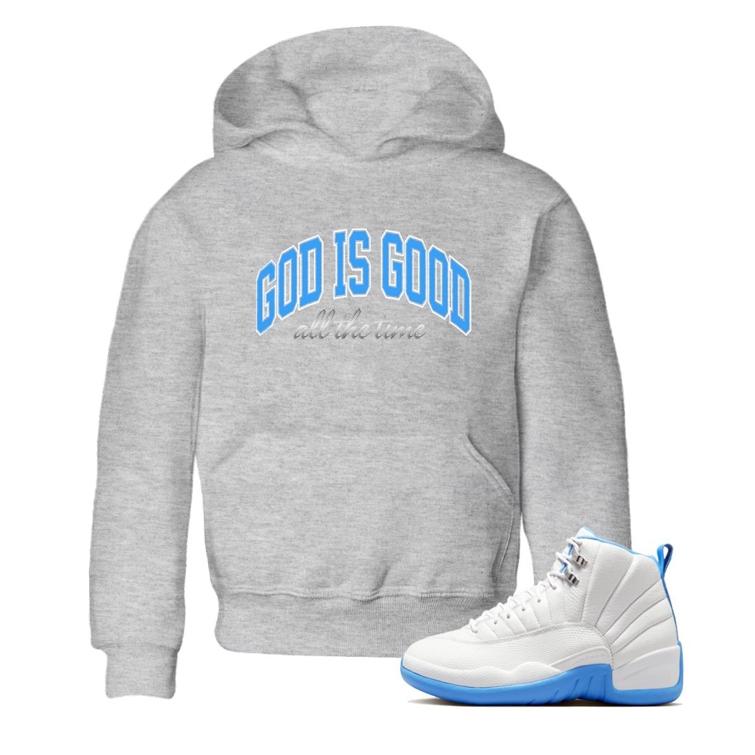 God Is Good baby and kids t-shirt crafted for little sneakerheads to shine with the Air Jordan 12 White and University Blue sneakers, displayed in Heather Grey 1.