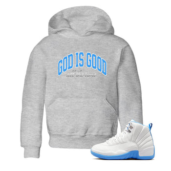 God Is Good baby and kids t-shirt crafted for little sneakerheads to shine with the Air Jordan 12 White and University Blue sneakers, displayed in Heather Grey 1.