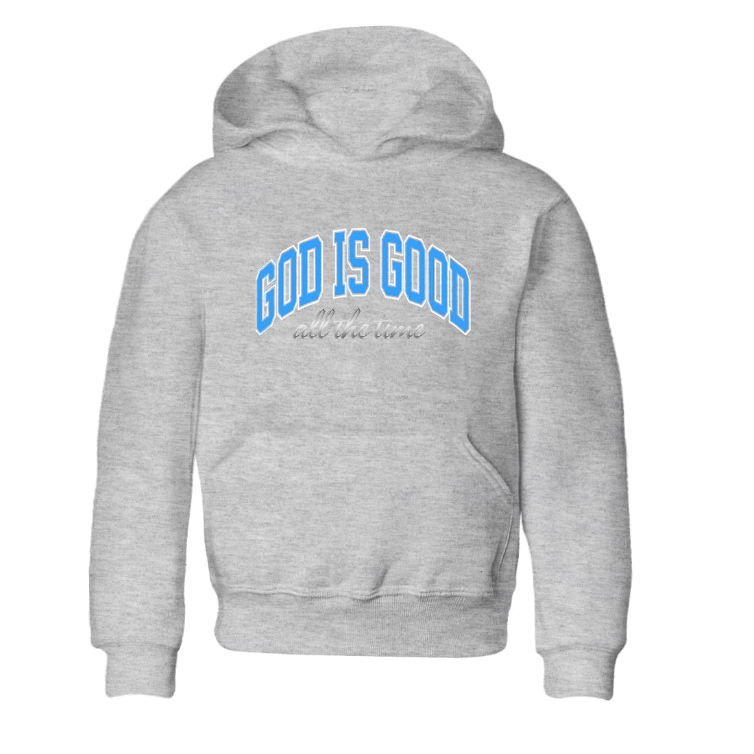 God Is Good baby and kids t-shirt crafted for little sneakerheads to shine with the Air Jordan 12 White and University Blue sneakers, displayed in Heather Grey 2.