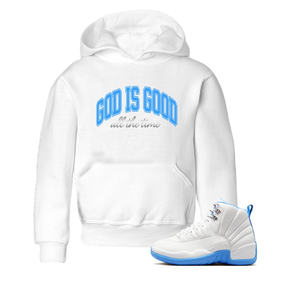 God Is Good baby and kids t-shirt crafted for little sneakerheads to shine with the Air Jordan 12 White and University Blue sneakers, displayed in White 1.