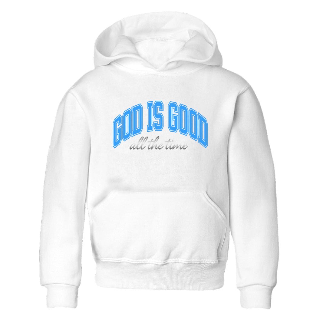 God Is Good baby and kids t-shirt crafted for little sneakerheads to shine with the Air Jordan 12 White and University Blue sneakers, displayed in White 2.