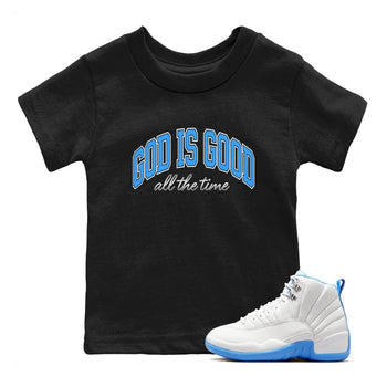 God Is Good baby and kids t-shirt crafted for little sneakerheads to shine with the Air Jordan 12 White and University Blue sneakers, displayed in Black 1.
