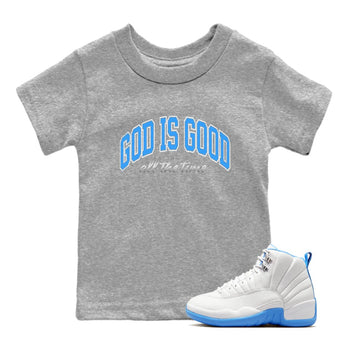 God Is Good baby and kids t-shirt crafted for little sneakerheads to shine with the Air Jordan 12 White and University Blue sneakers, displayed in Heather Grey 1.