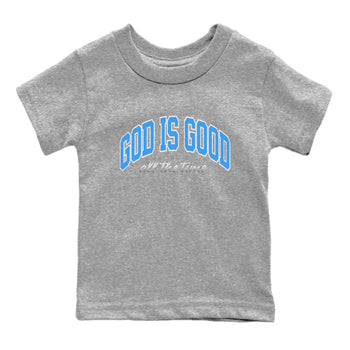 God Is Good baby and kids t-shirt crafted for little sneakerheads to shine with the Air Jordan 12 White and University Blue sneakers, displayed in Heather Grey 2.