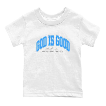 God Is Good baby and kids t-shirt crafted for little sneakerheads to shine with the Air Jordan 12 White and University Blue sneakers, displayed in White 2.