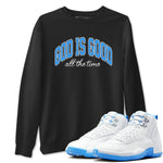 God Is Good sneaker match t-shirt styled to complete your fit with the Air Jordan 12 White and University Blue sneakers, shown in Black 1.