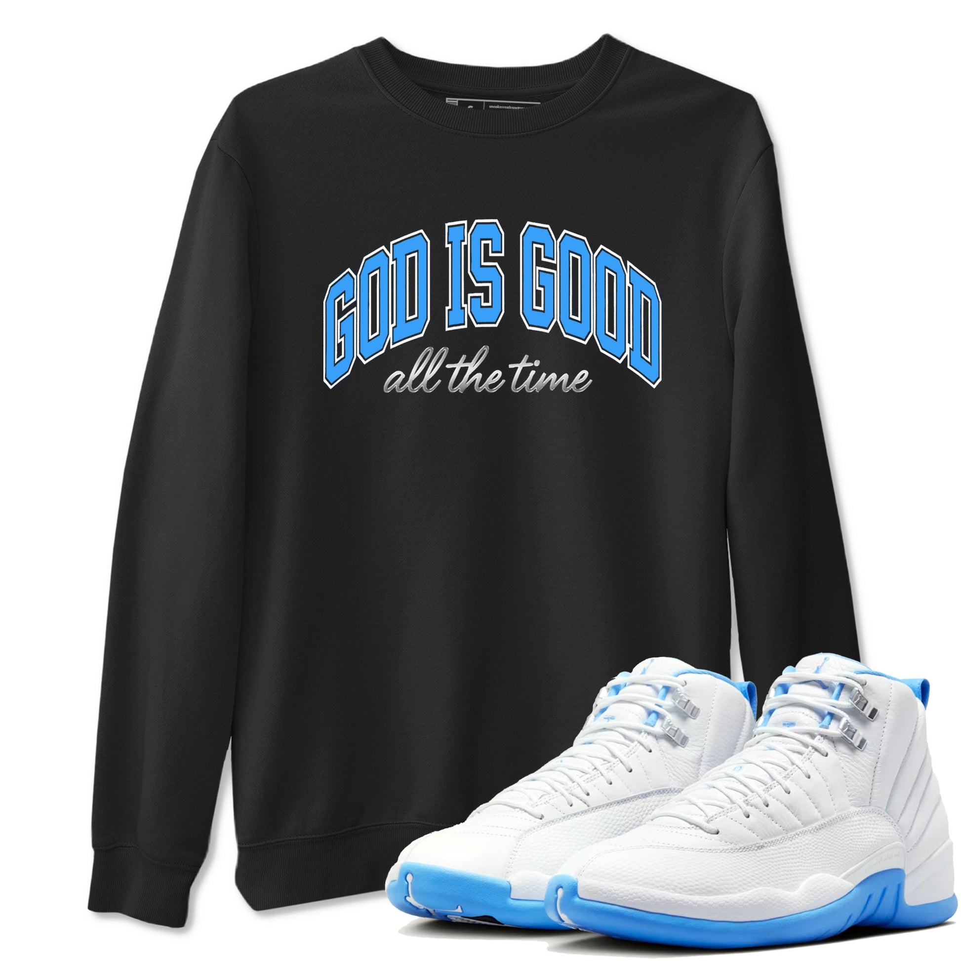 God Is Good sneaker match t-shirt styled to complete your fit with the Air Jordan 12 White and University Blue sneakers, shown in Black 1.