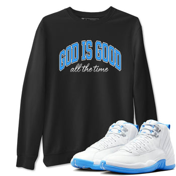 God Is Good sneaker match t-shirt styled to complete your fit with the Air Jordan 12 White and University Blue sneakers, shown in Black 1.