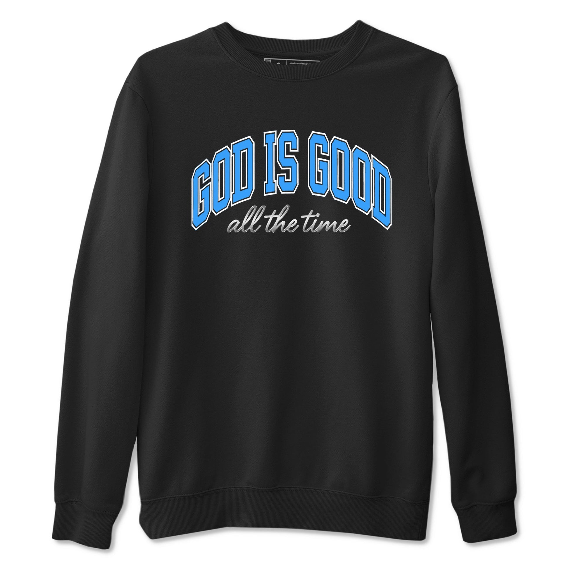 God Is Good sneaker match t-shirt styled to complete your fit with the Air Jordan 12 White and University Blue sneakers, shown in Black 2.