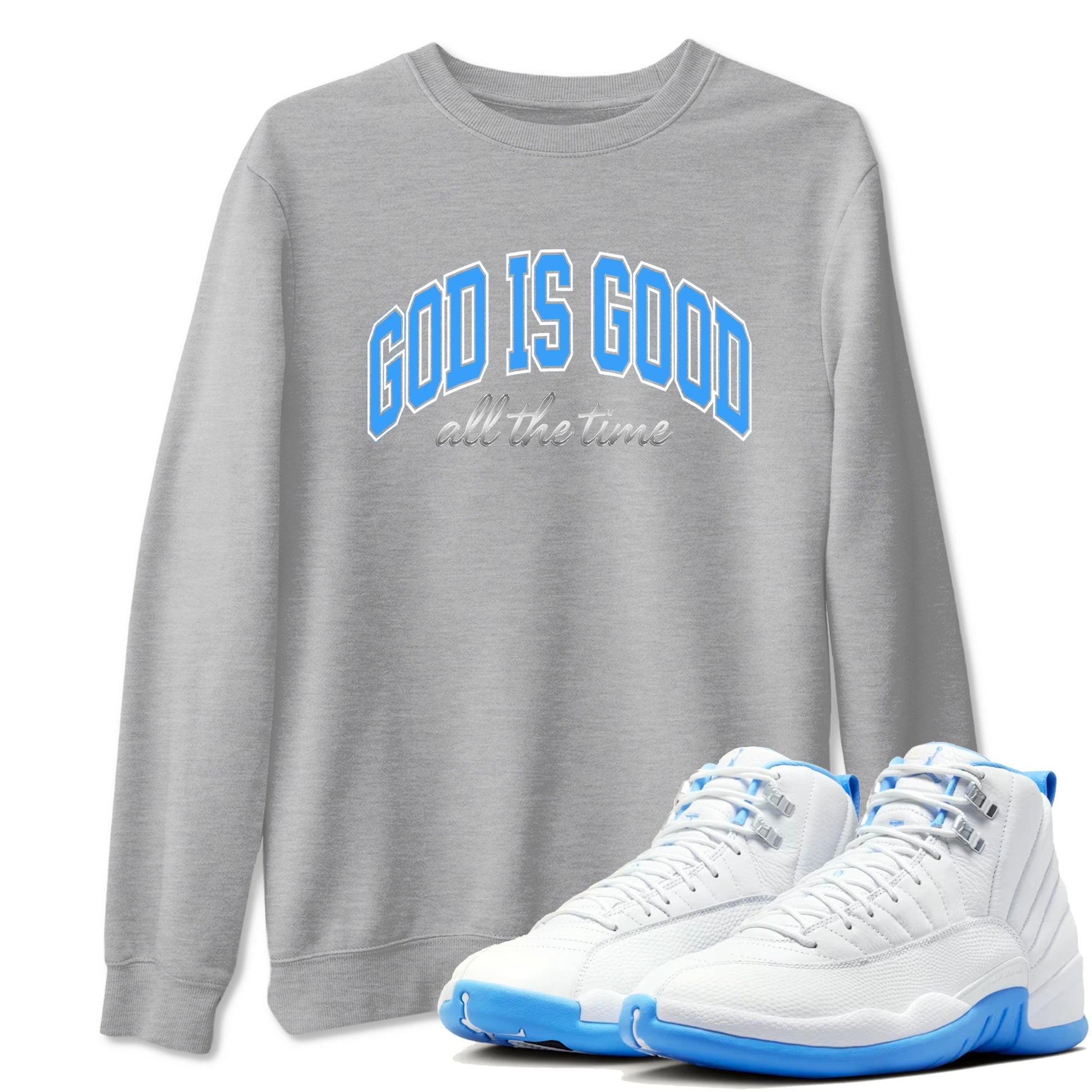 God Is Good sneaker match t-shirt styled to complete your fit with the Air Jordan 12 White and University Blue sneakers, shown in Heather Grey 1.
