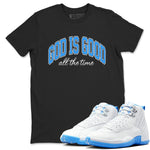 God Is Good sneaker match t-shirt styled to complete your fit with the Air Jordan 12 White and University Blue sneakers, shown in Black 1.