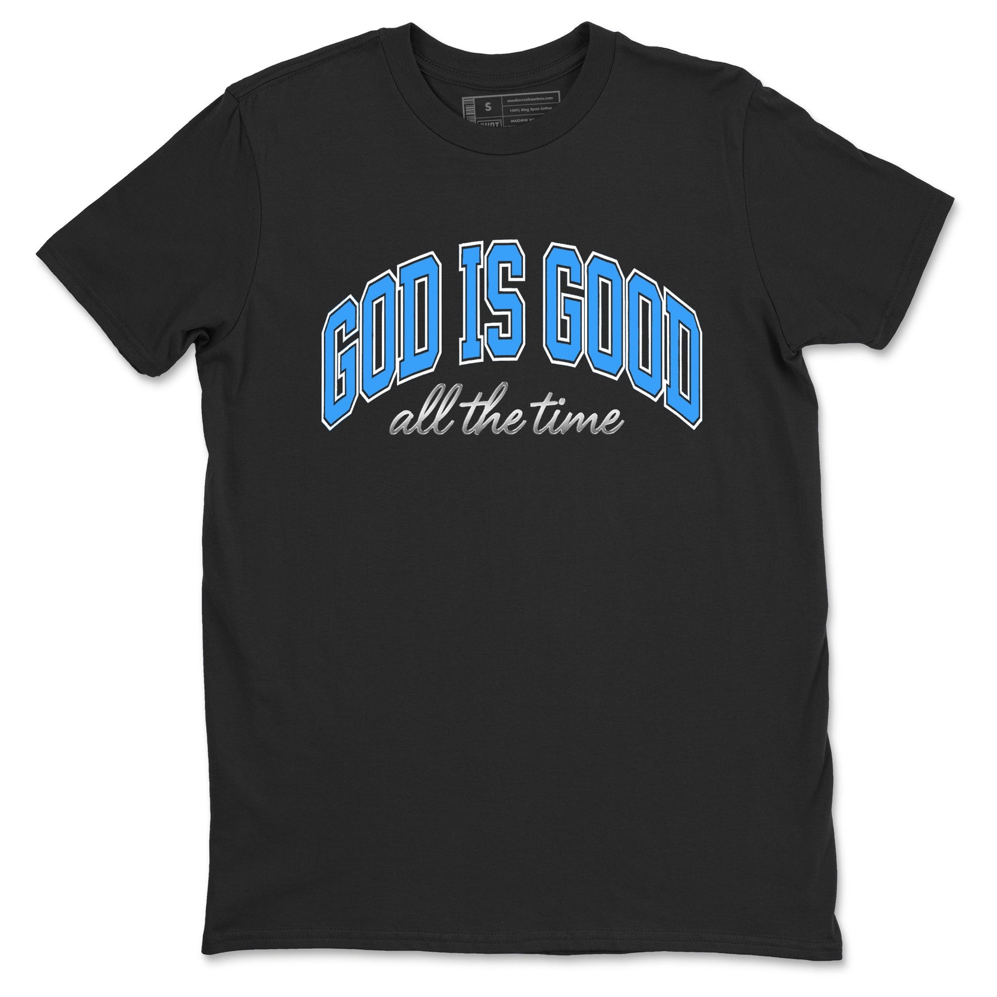 God Is Good sneaker match t-shirt styled to complete your fit with the Air Jordan 12 White and University Blue sneakers, shown in Black 2.