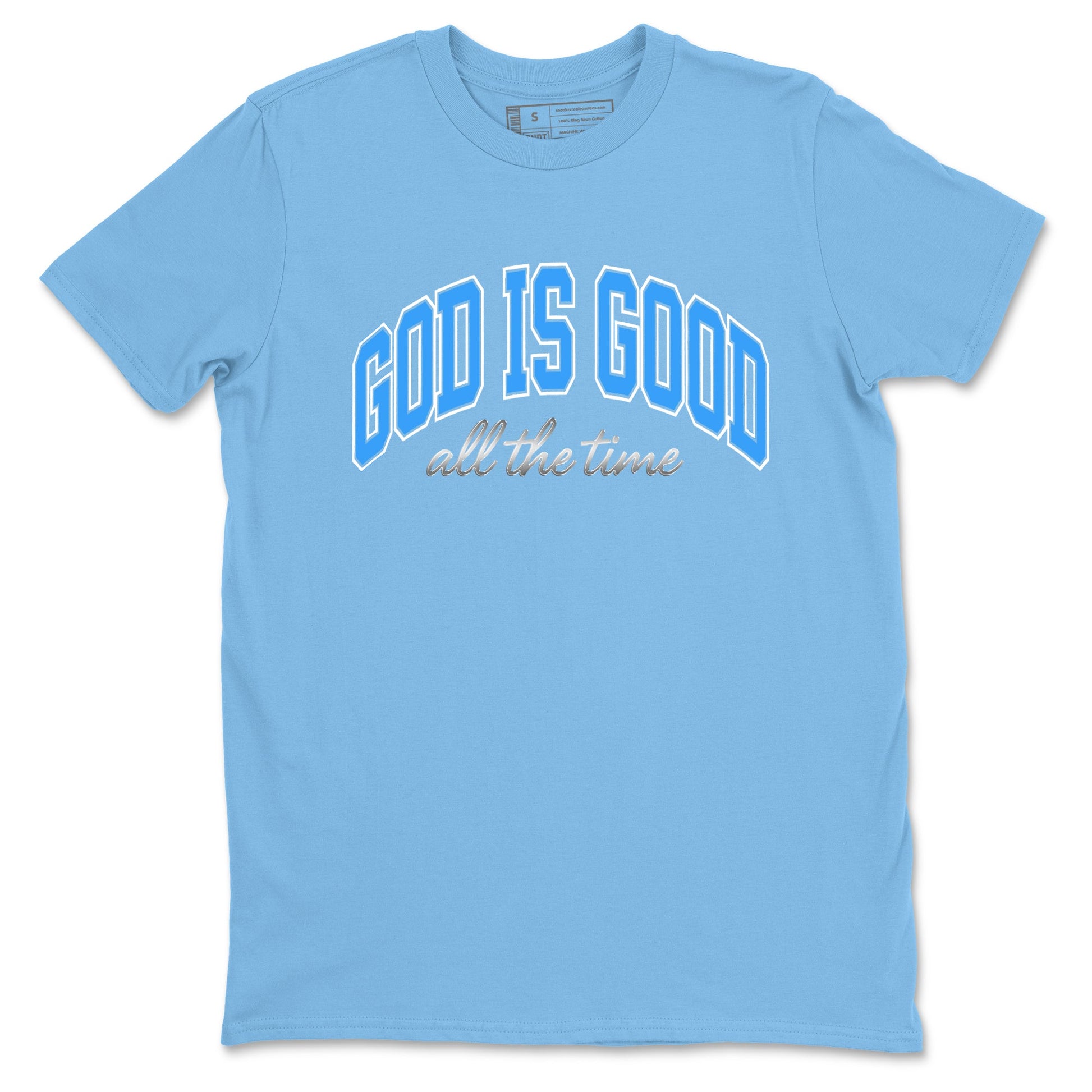 God Is Good sneaker match t-shirt styled to complete your fit with the Air Jordan 12 White and University Blue sneakers, shown in Carolina Blue 2.
