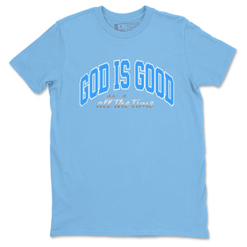 God Is Good sneaker match t-shirt styled to complete your fit with the Air Jordan 12 White and University Blue sneakers, shown in Carolina Blue 2.