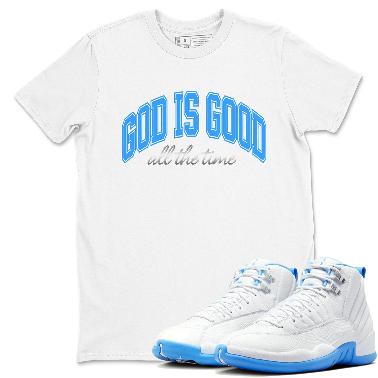 God Is Good sneaker match t-shirt styled to complete your fit with the Air Jordan 12 White and University Blue sneakers, shown in White 1.