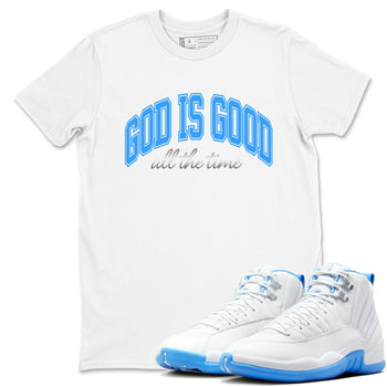 God Is Good sneaker match t-shirt styled to complete your fit with the Air Jordan 12 White and University Blue sneakers, shown in White 1.
