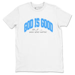 God Is Good sneaker match t-shirt styled to complete your fit with the Air Jordan 12 White and University Blue sneakers, shown in White 2.