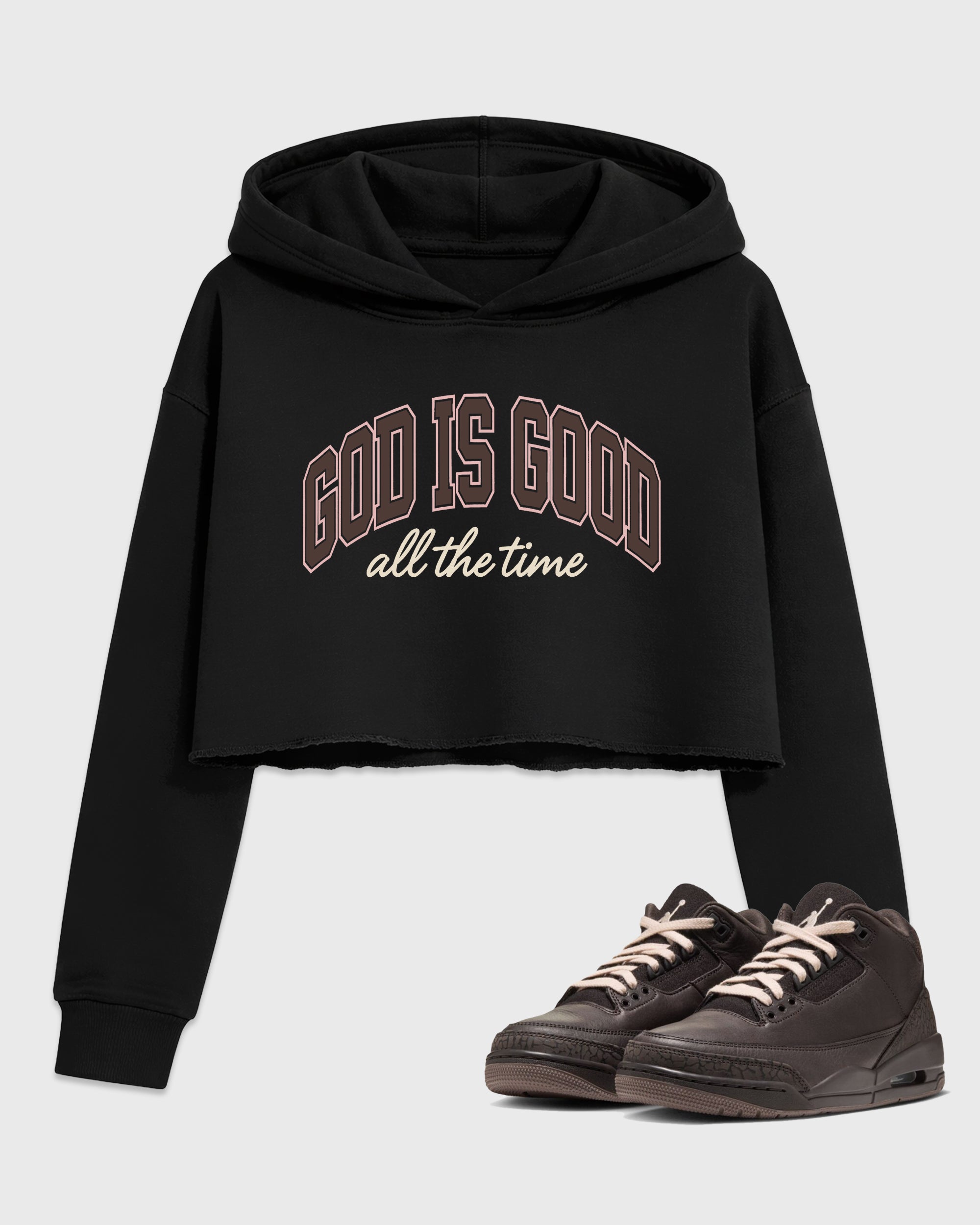 God Is Good Women’s Graphic Crop Tee featuring original streetwear artwork designed to match the Air Jordan 3 Fireside. Black 1 Crop Tee.