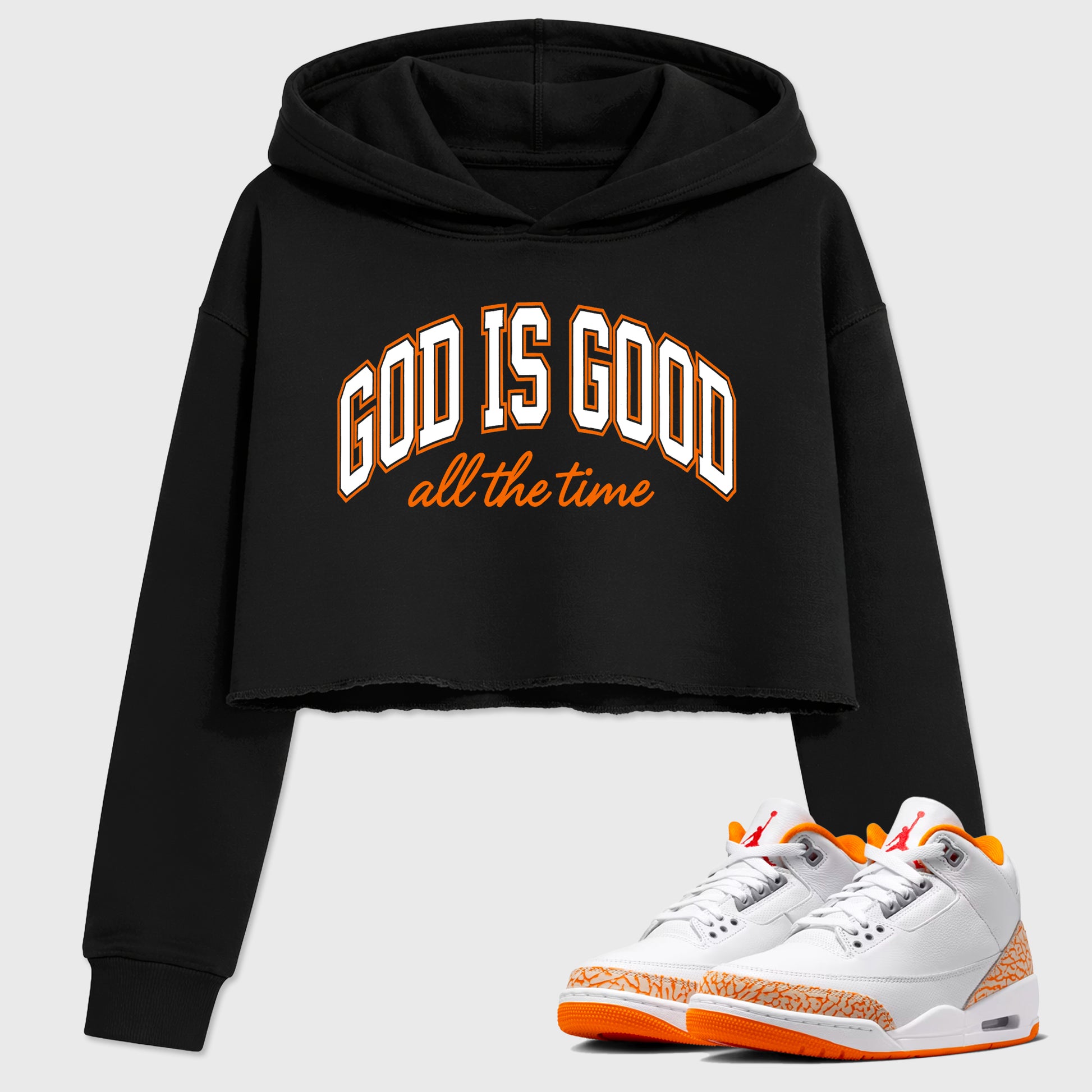 Sneaker match tees – Sneaker Tees To Match Air Jordan 3 Orange Citrus Shoes – God is Good Crop T-Shirt Black 1