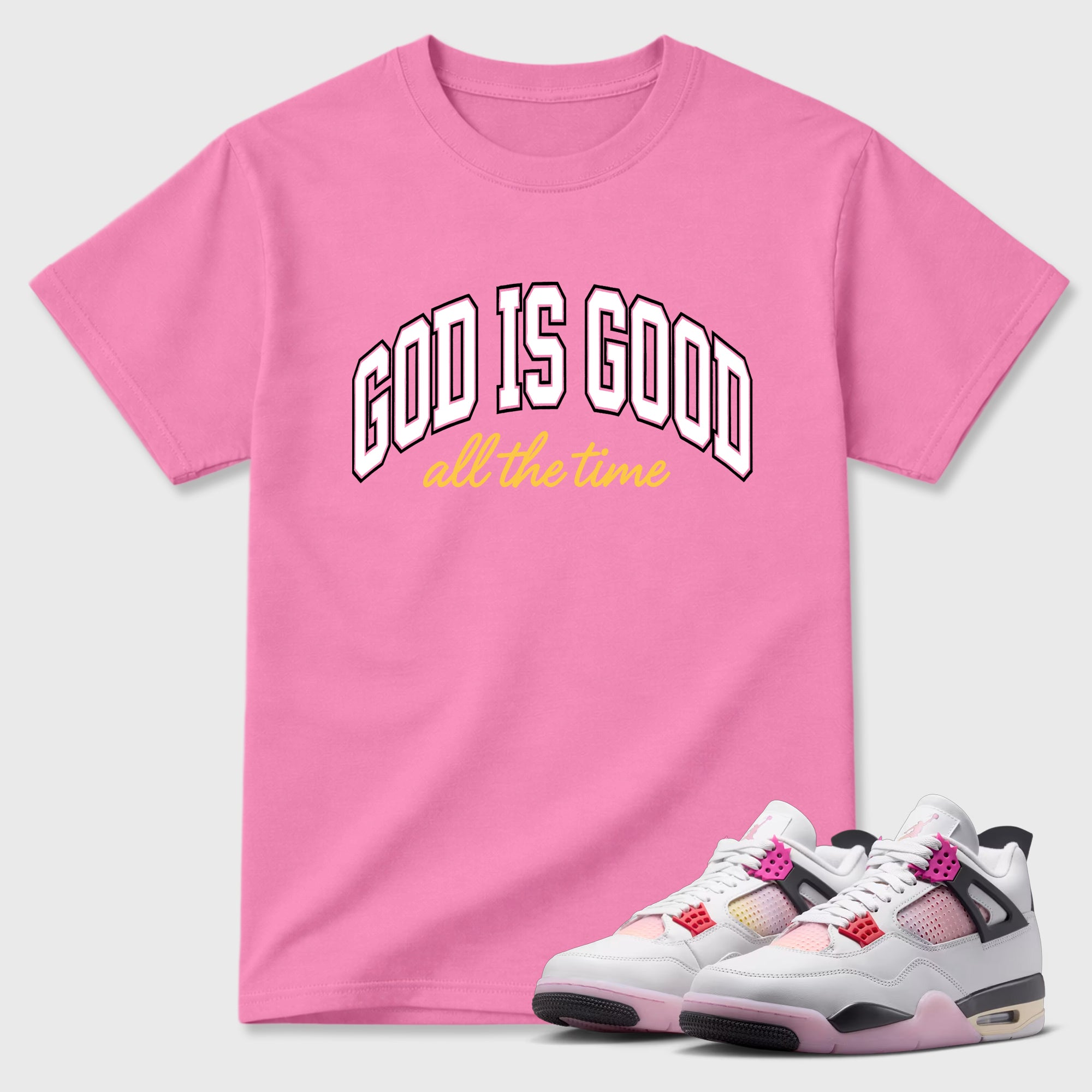 God Is Good Graphic T-Shirt featuring original streetwear artwork designed to match the Air Jordan 4 Comic. Bubble Gum 1 Graphic T-Shirt.