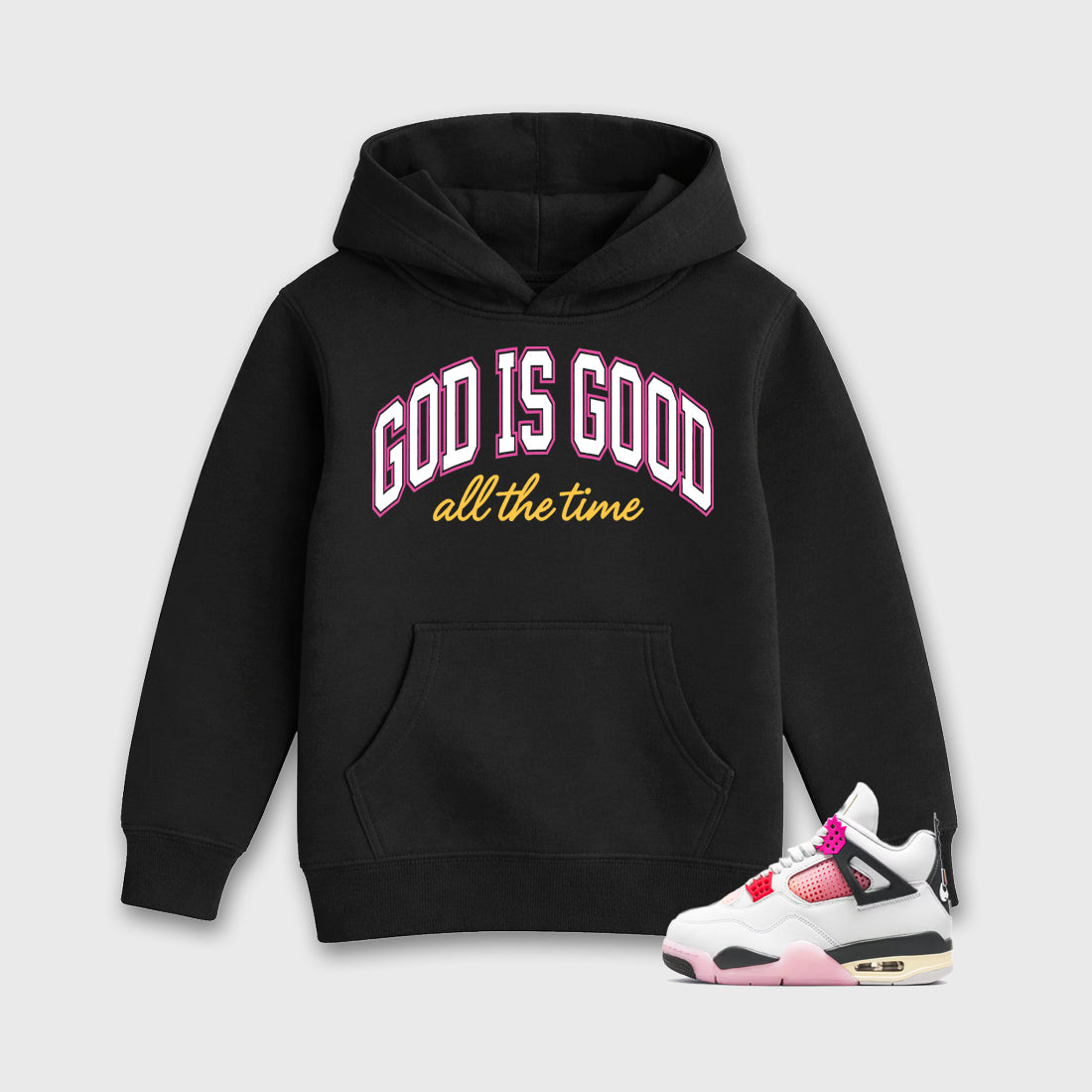 God Is Good Baby & Kids Graphic Hoodie featuring original artwork designed to match the Air Jordan 4 Comic. Black 1 Kids Graphic Sweater.