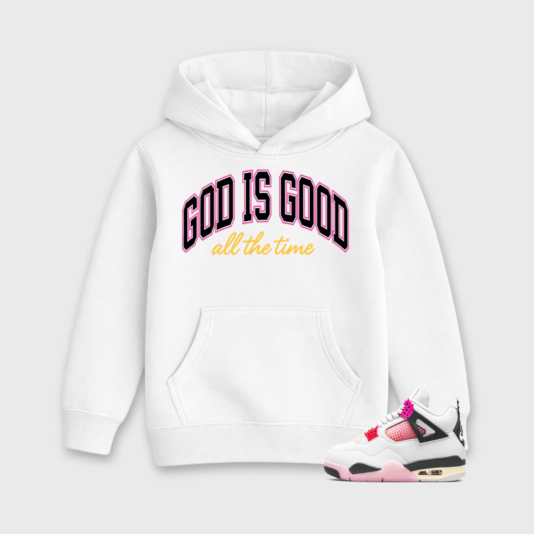 God Is Good Baby & Kids Graphic Hoodie featuring original artwork designed to match the Air Jordan 4 Comic. White 1 Kids Graphic Sweater.