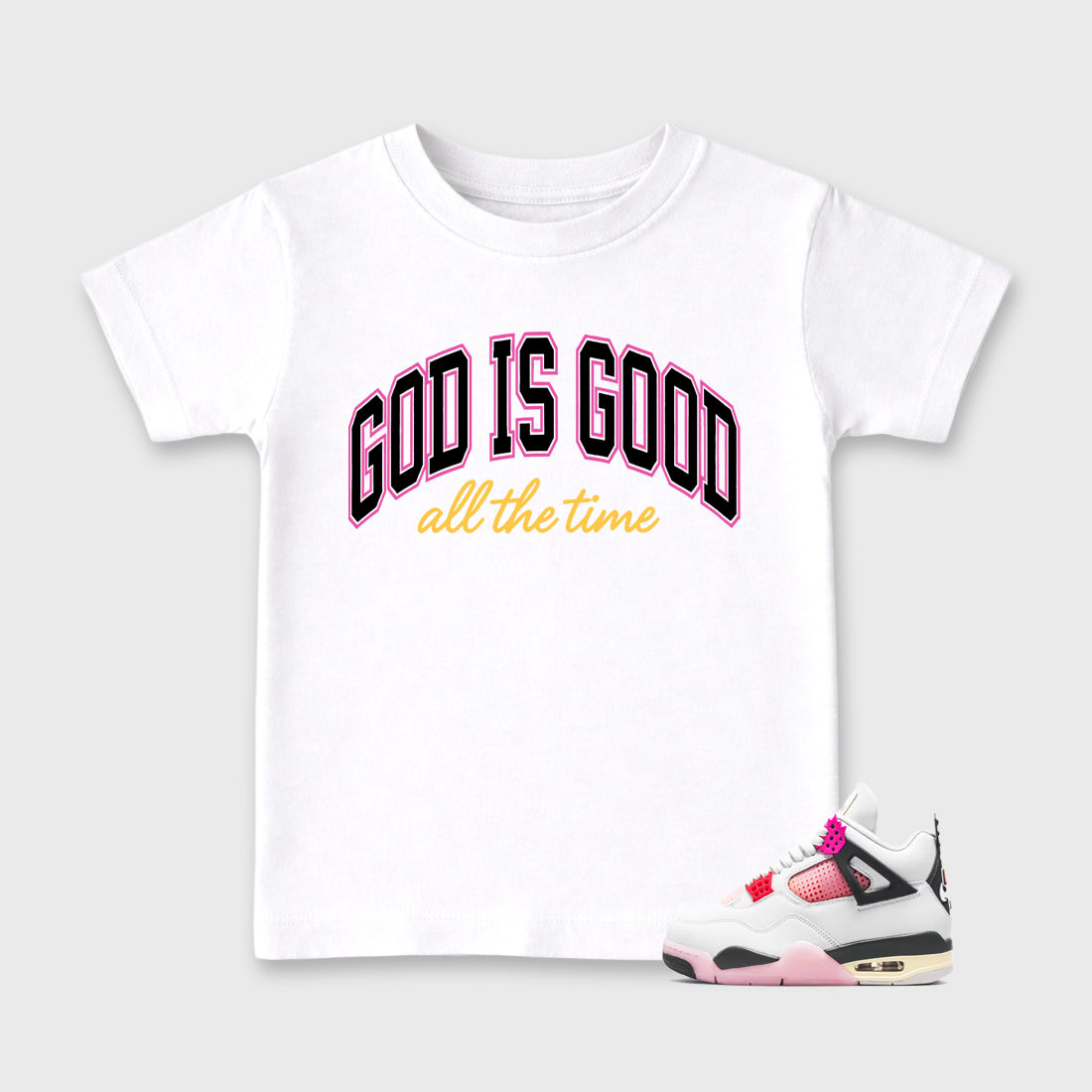 God Is Good Baby & Kids Graphic T-Shirt featuring original artwork designed to match the Air Jordan 4 Comic. White 1 Kids Graphic Tee.