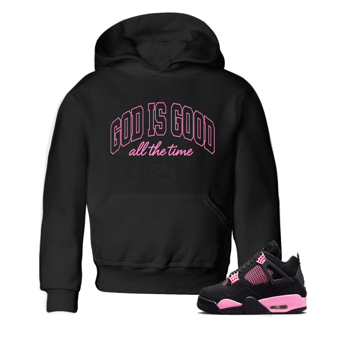 Perfect Valentine's Day Gifts graphic tee  – Sneaker Tees To Match Air Jordan 4 Pink Thunder – God Is Good Kids Graphic T-Shirt Black 1