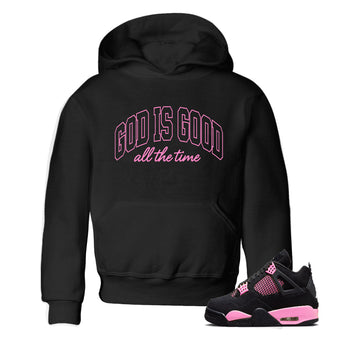Perfect Valentine's Day Gifts graphic tee  – Sneaker Tees To Match Air Jordan 4 Pink Thunder – God Is Good Kids Graphic T-Shirt Black 1