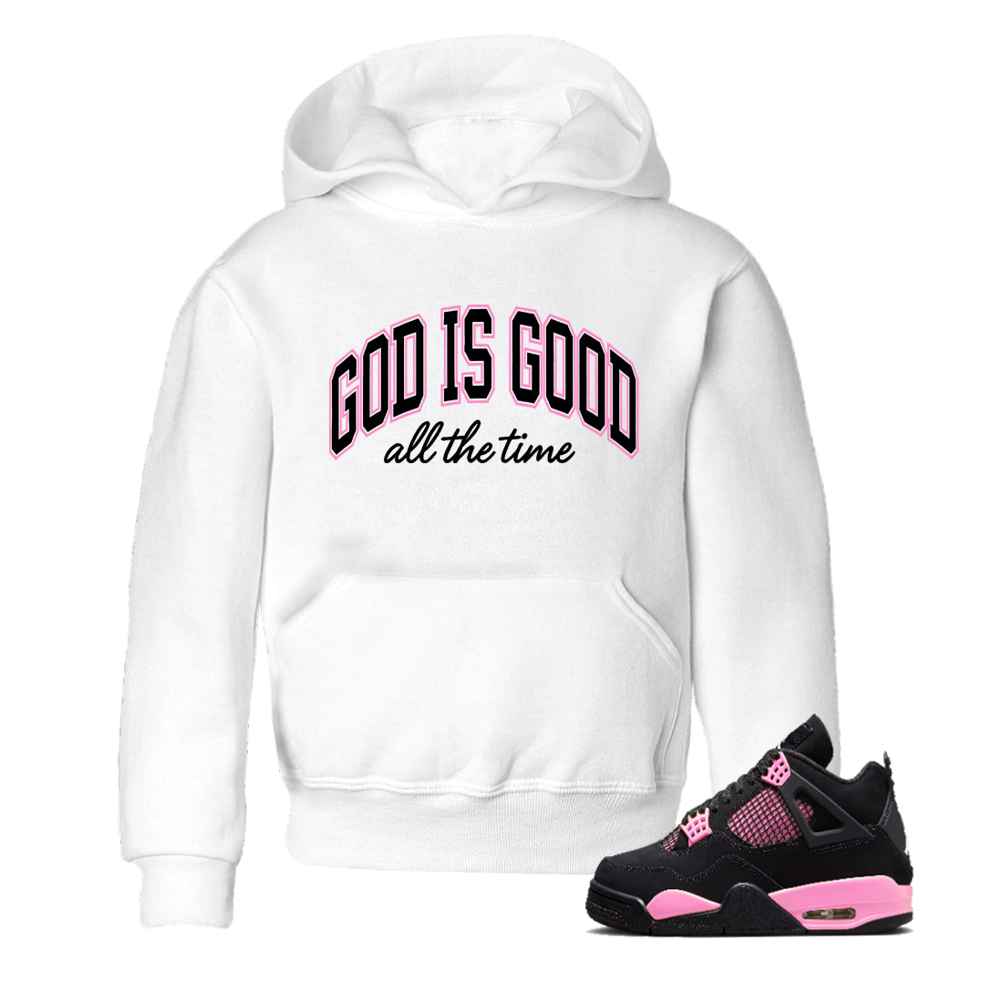 Perfect Valentine's Day Gifts graphic tee  – Sneaker Tees To Match Air Jordan 4 Pink Thunder – God Is Good Kids Graphic T-Shirt White 1
