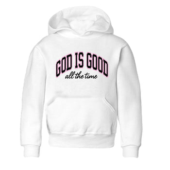 Perfect Valentine's Day Gifts graphic tee  – Sneaker Tees To Match Air Jordan 4 Pink Thunder – God Is Good Kids Graphic T-Shirt White 2