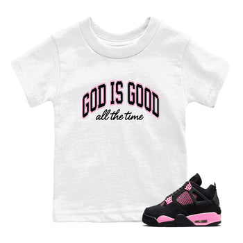 Perfect Valentine's Day Gifts graphic tee  – Sneaker Tees To Match Air Jordan 4 Pink Thunder – God Is Good Kids Graphic T-Shirt White 1