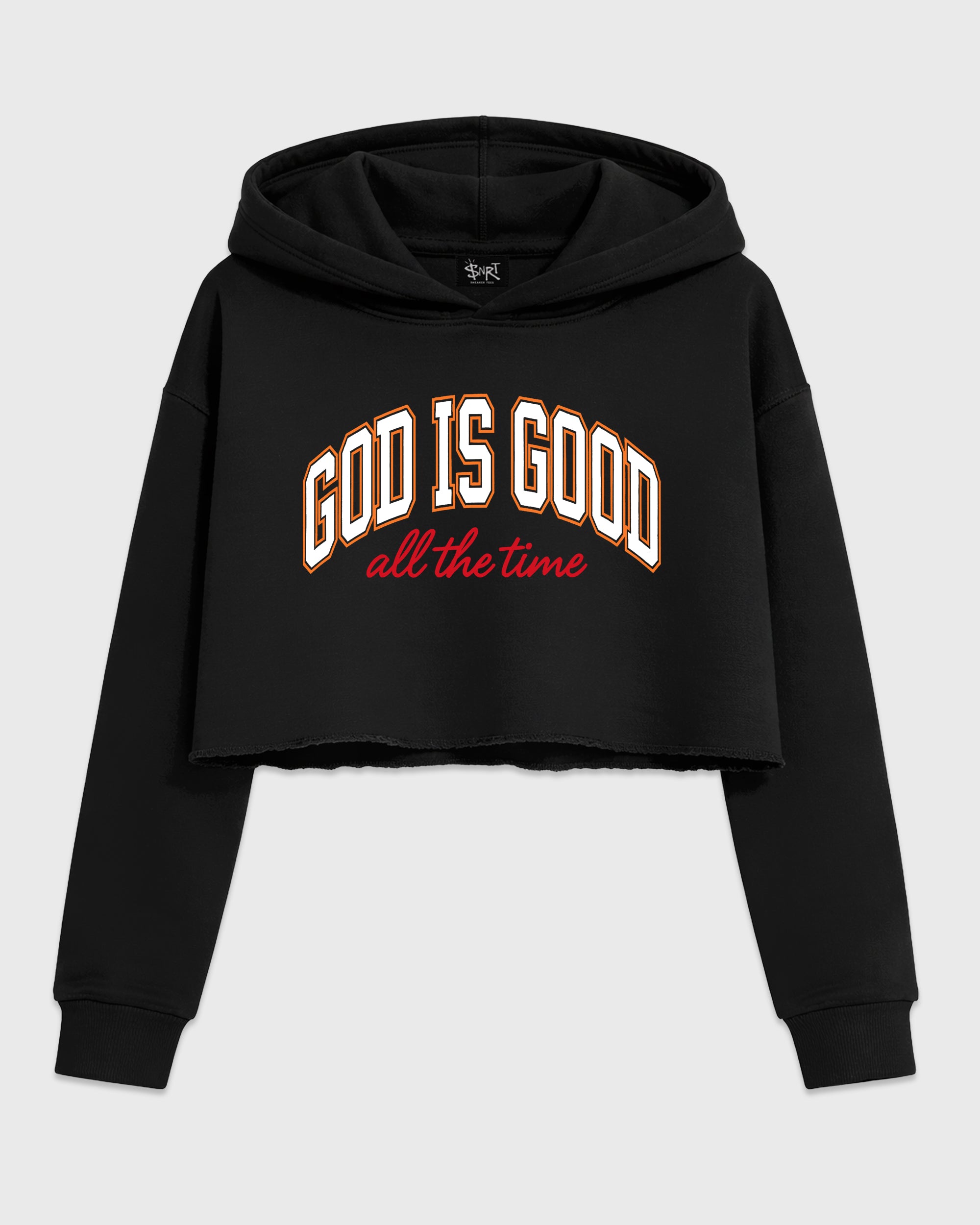 God Is Good Women’s Graphic Crop Tee featuring original streetwear artwork designed to match the Air Jordan 5 Sunset. Black 2 Crop Tee.