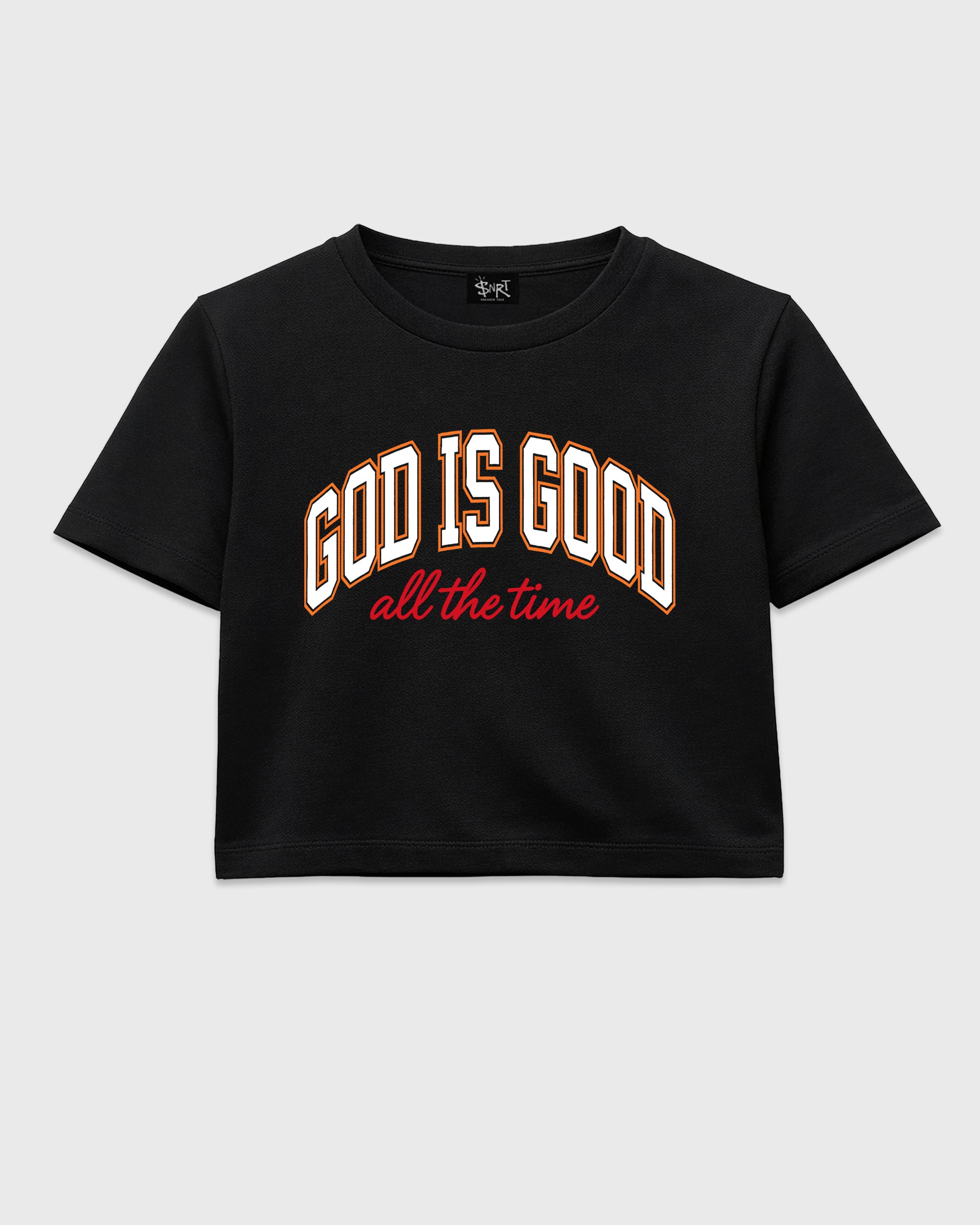 God Is Good women’s crop tee designed to match the Air Jordan 5 Sunset, featuring coordinated Black 2 options for a perfect streetwear vibe.