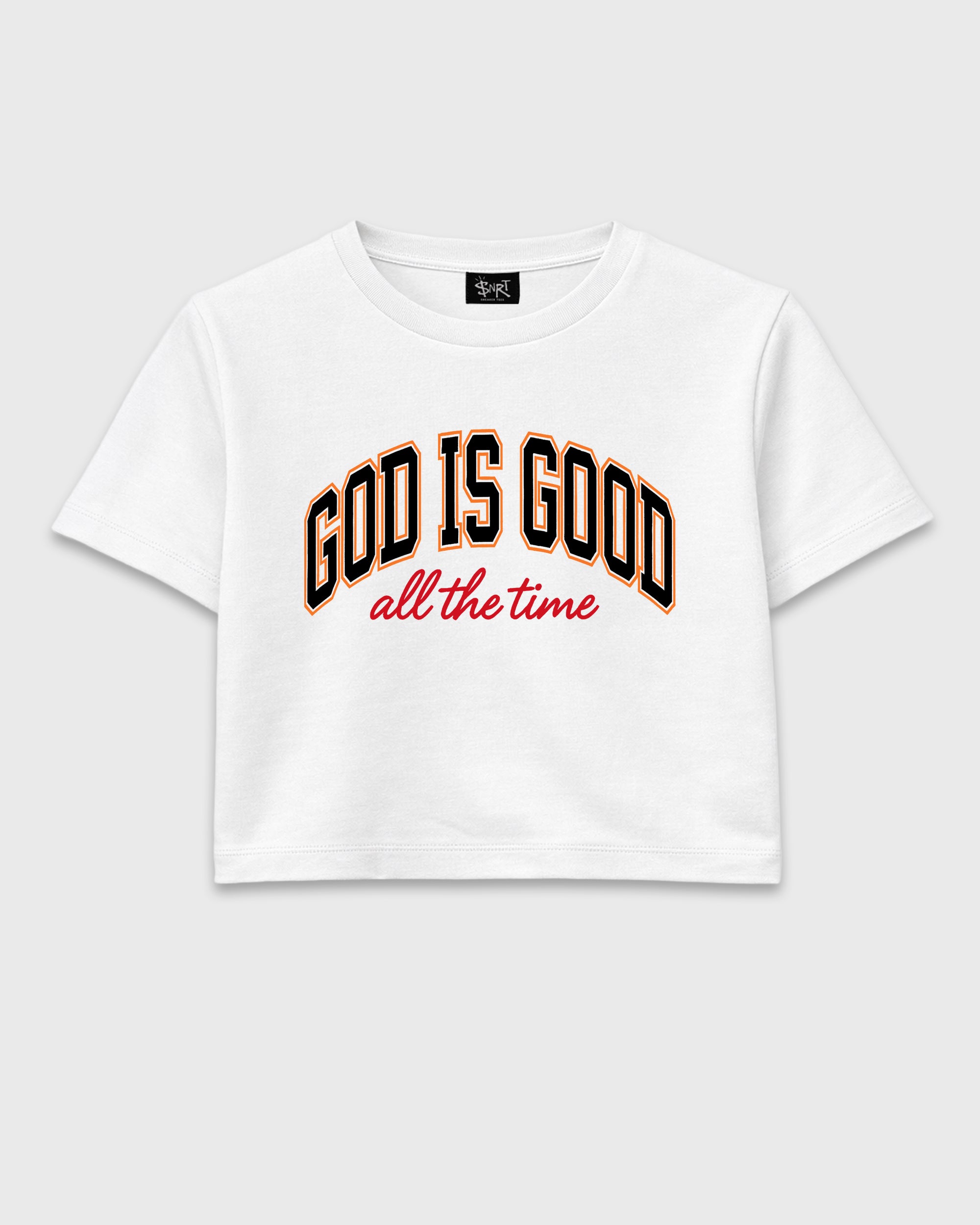 God Is Good women’s crop tee designed to match the Air Jordan 5 Sunset, featuring coordinated White 2 options for a perfect streetwear vibe.