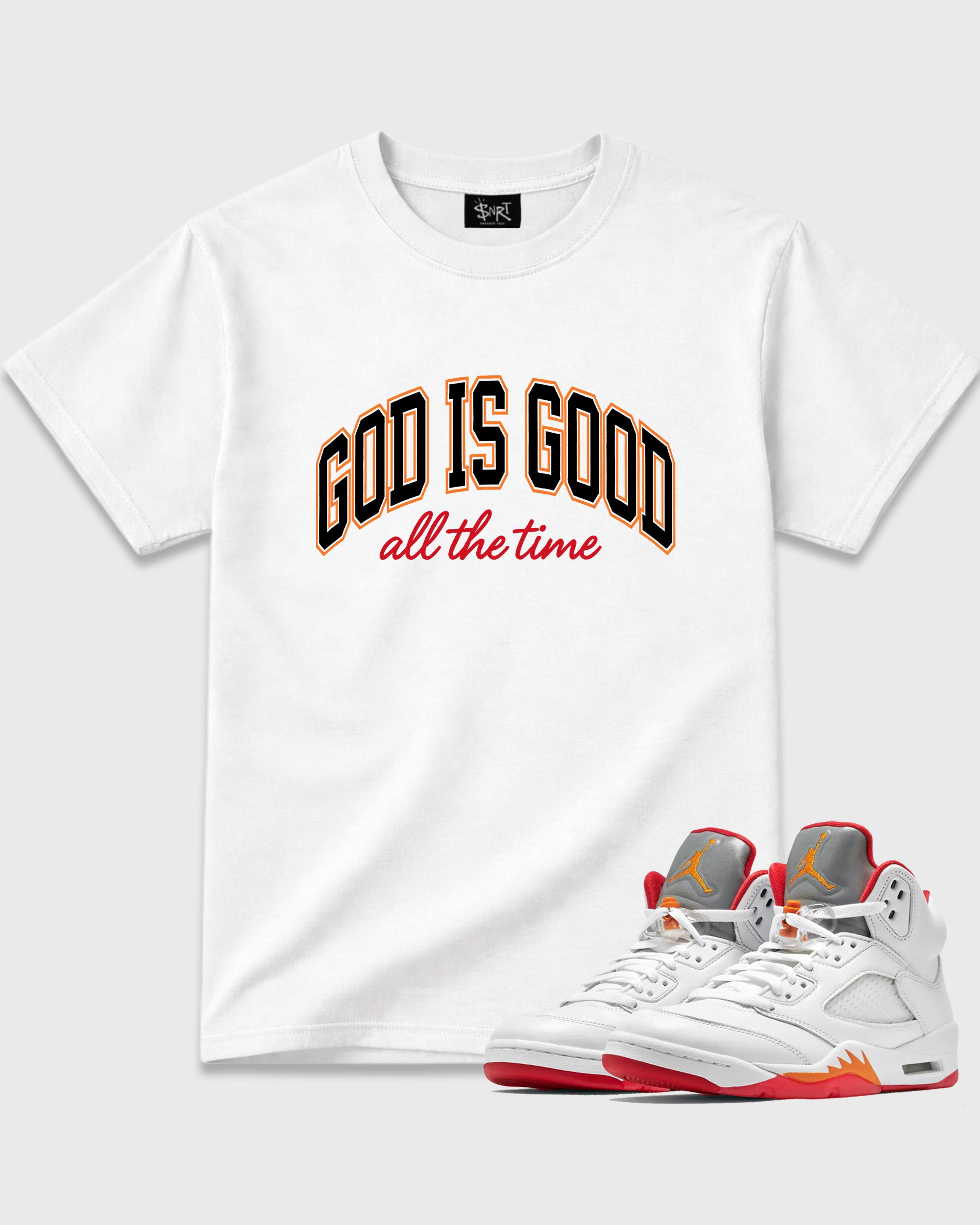 God Is Good Graphic T-Shirt featuring original streetwear artwork designed to match the Air Jordan 5 Sunset. White 1 Graphic T-Shirt.
