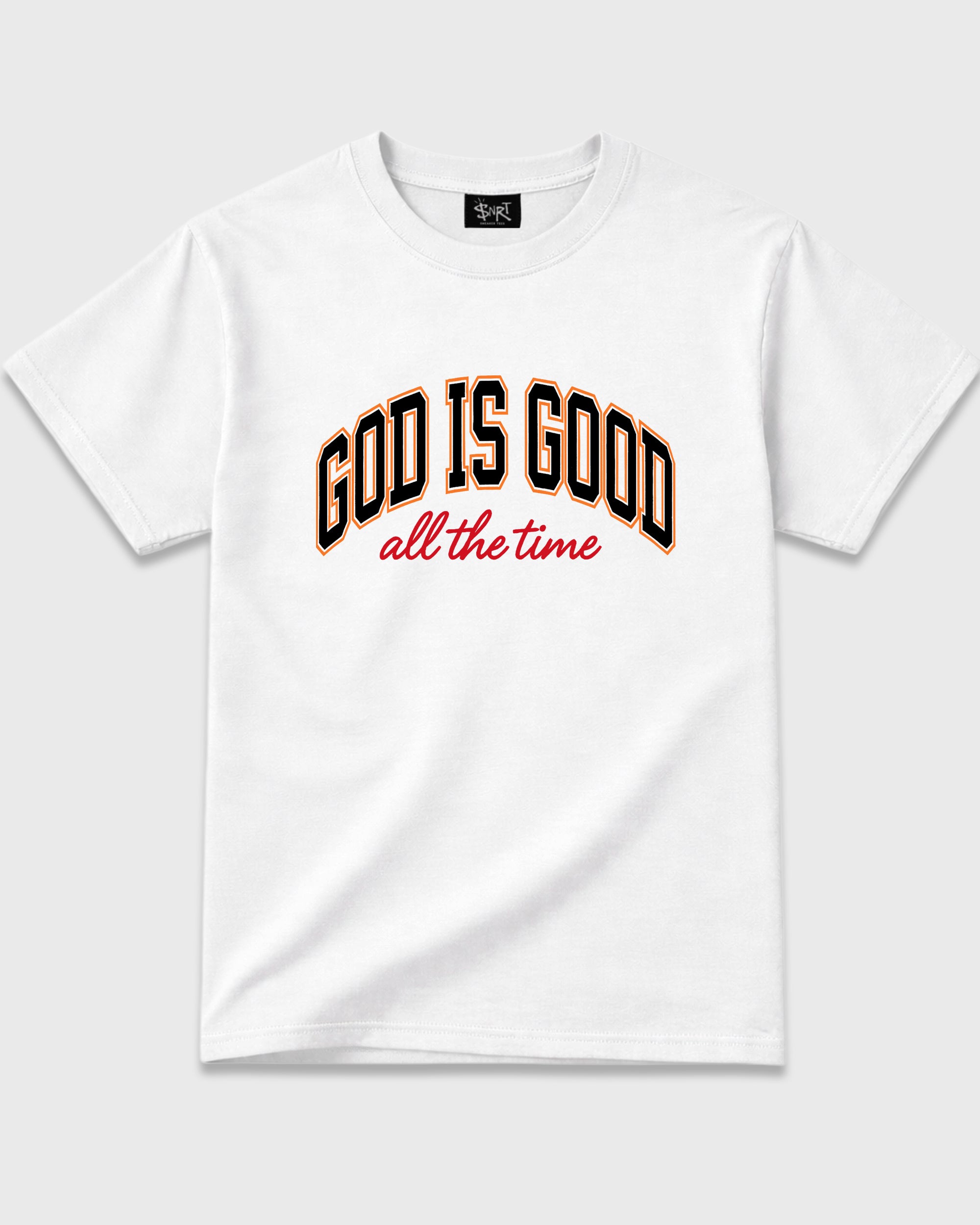 God Is Good Graphic T-Shirt featuring original streetwear artwork designed to match the Air Jordan 5 Sunset. White 2 Graphic T-Shirt.