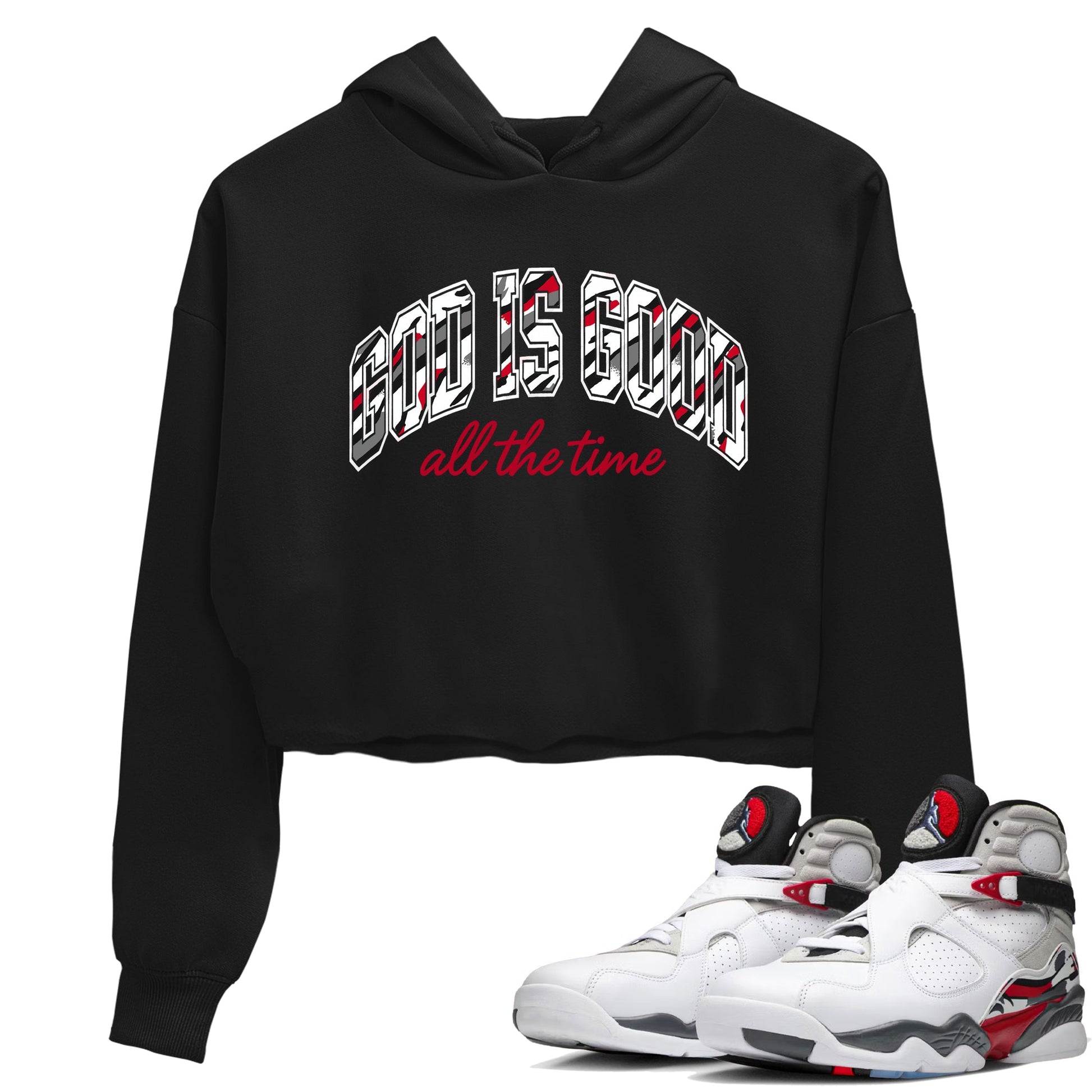 Sneaker match tees – Sneaker Tees To Match Air Jordan 8 Bunny Shoes Air Jordan 8 White and True Red – God Is Good Crop T-Shirt Black 1
