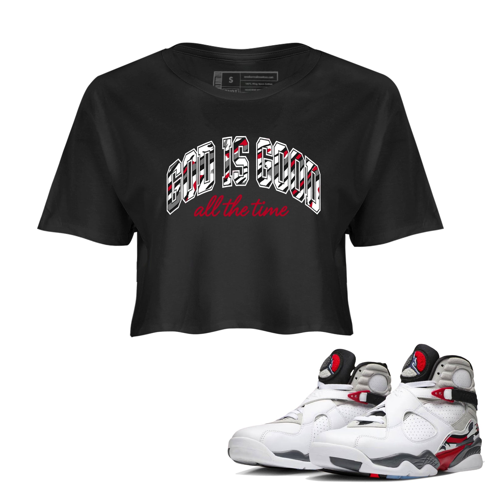 Sneaker match tees – Sneaker Tees To Match Air Jordan 8 Bunny Shoes Air Jordan 8 White and True Red – God Is Good Crop T-Shirt Black 1