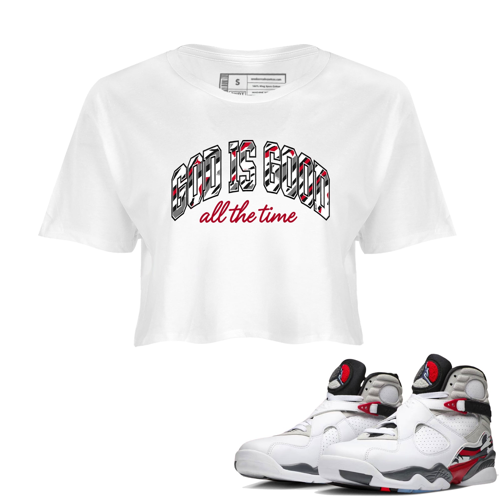 Sneaker match tees – Sneaker Tees To Match Air Jordan 8 Bunny Shoes Air Jordan 8 White and True Red – God Is Good Crop T-Shirt White 1