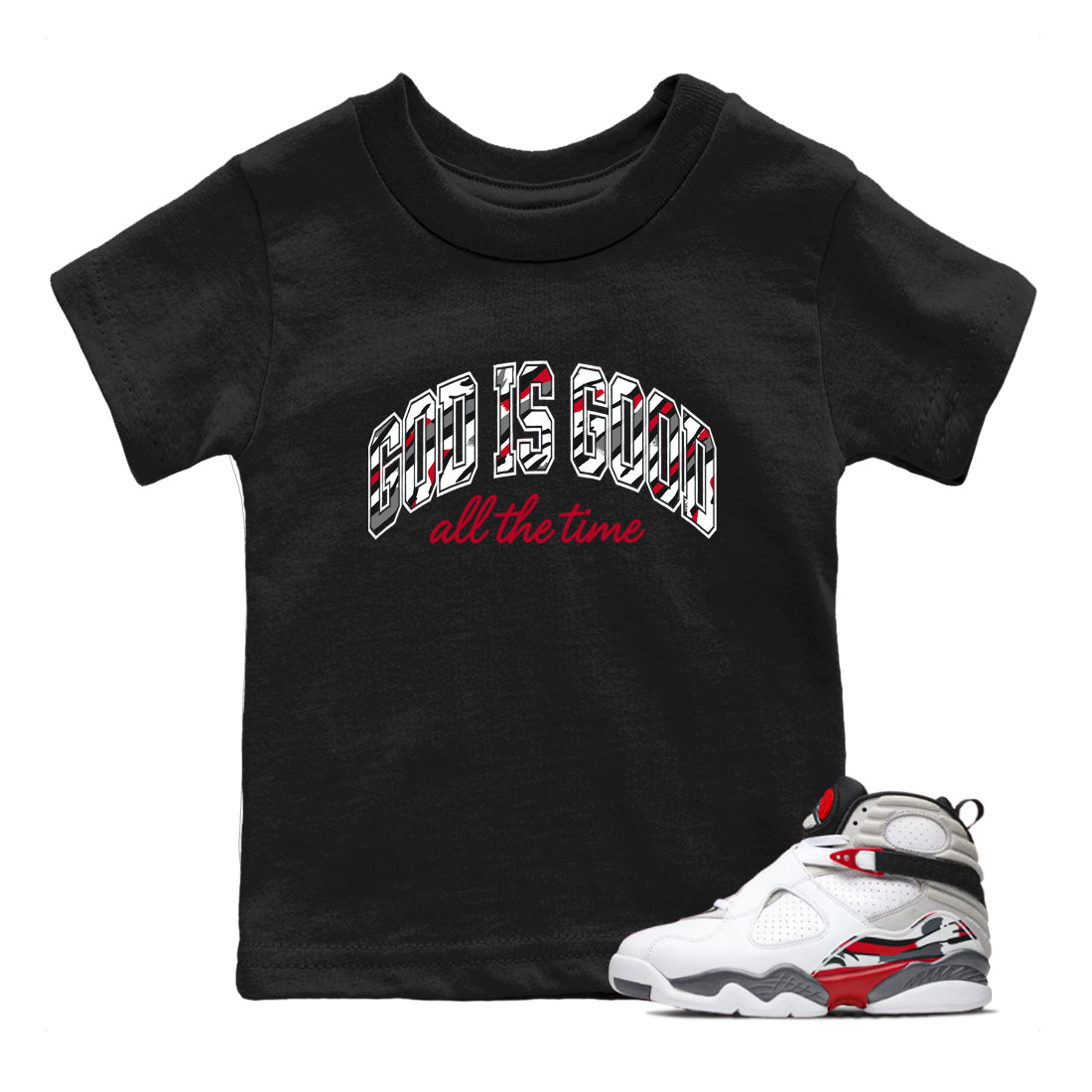 Sneaker match tees – Sneaker Tees To Match Air Jordan 8 Bunny Shoes Air Jordan 8 White and True Red – God Is Good Kids T-Shirt Black 1