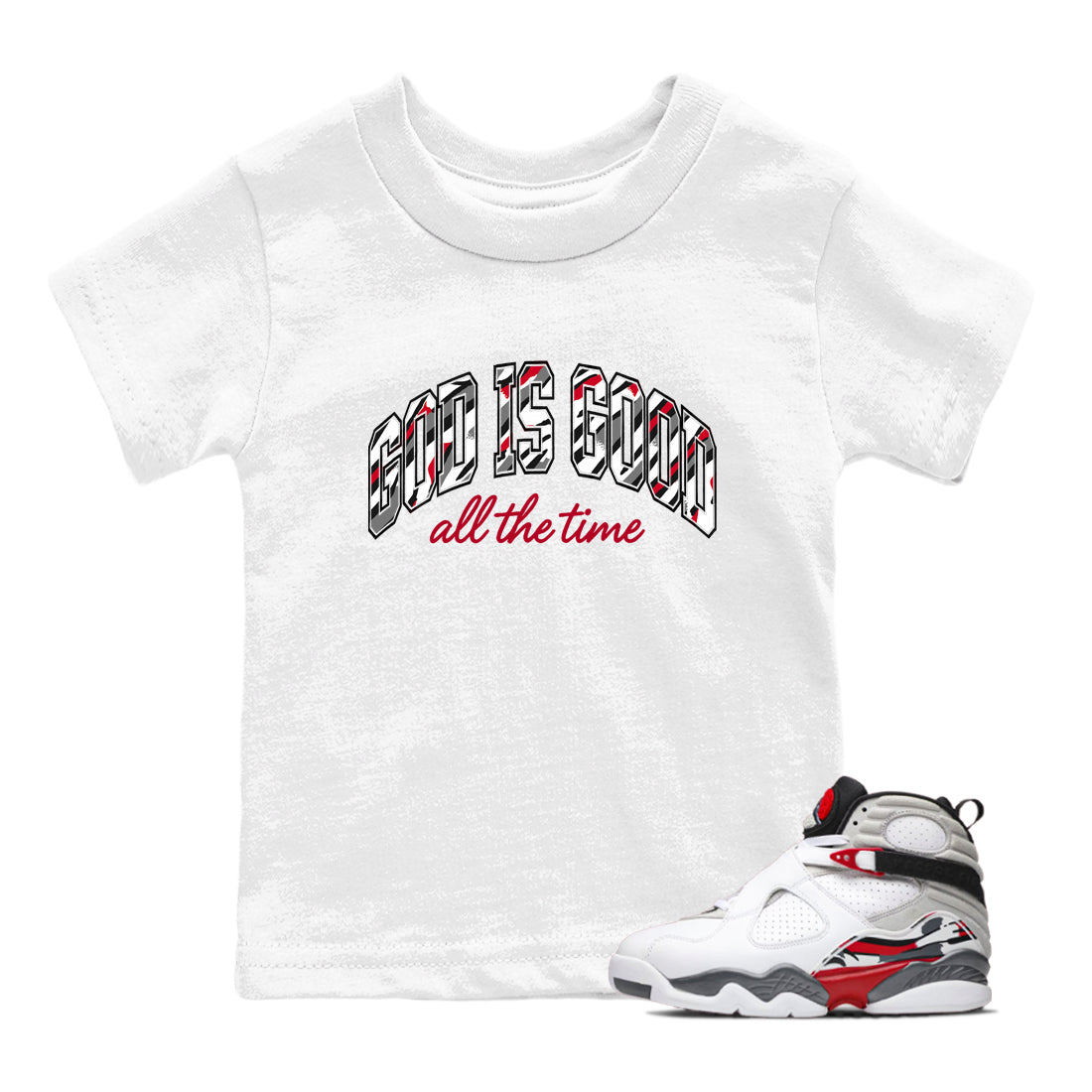 Sneaker match tees – Sneaker Tees To Match Air Jordan 8 Bunny Shoes Air Jordan 8 White and True Red – God Is Good Kids T-Shirt White 1