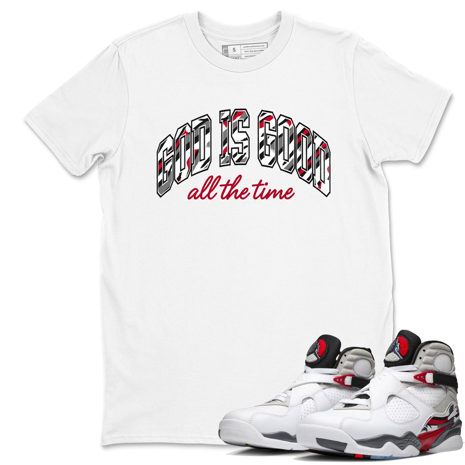 Sneaker match tees – Sneaker Tees To Match Air Jordan 8 Bunny Shoes Air Jordan 8 White and True Red – God Is Good Tee White 1
