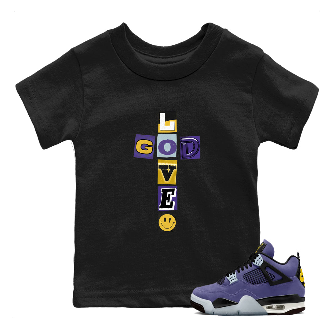 Best Sneakerfits graphic tee – Los Angeles Basketball Tees To Match Air Jordan 4 Lakeshow – God Love Kids T-Shirt Black 1