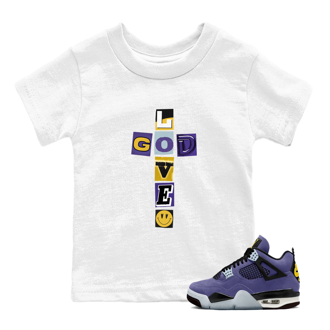Best Sneakerfits graphic tee – Los Angeles Basketball Tees To Match Air Jordan 4 Lakeshow – God Love Kids T-Shirt White 1