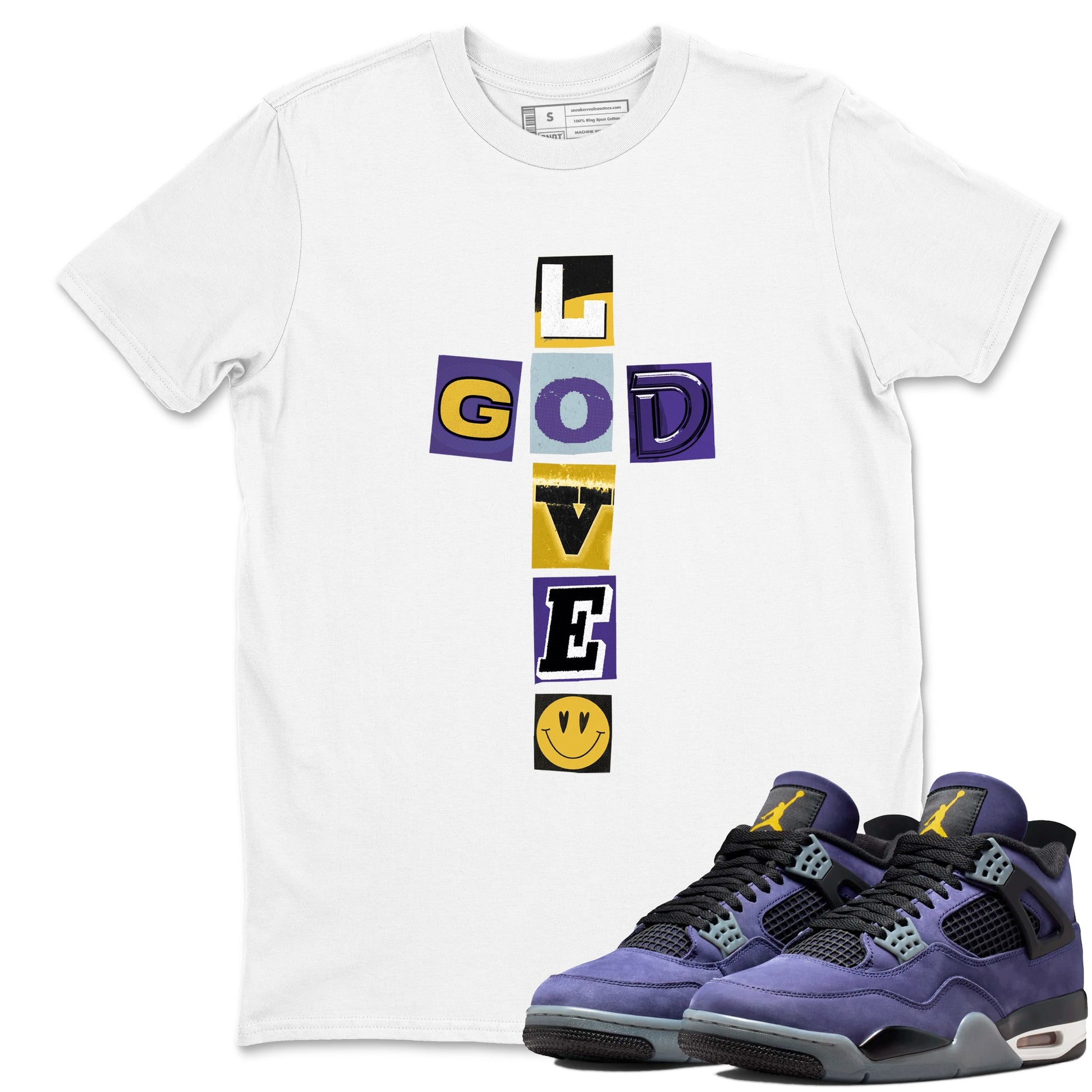 Best Sneakerfits graphic tee – Los Angeles Basketball Tees To Match Air Jordan 4 Lakeshow – God Love Tee White 1