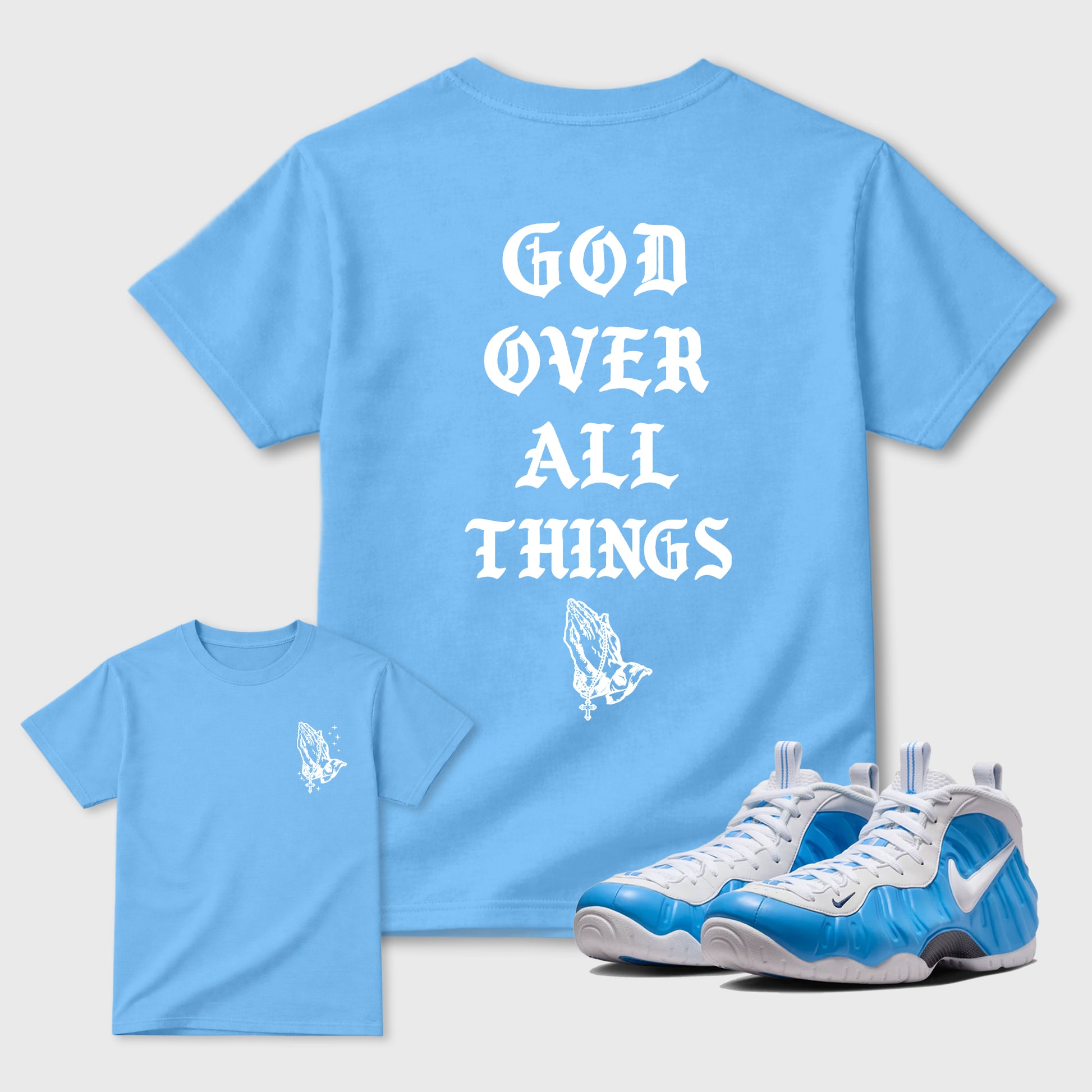 God Over All Things sneaker match t-shirt styled to complete your fit with the sneakers, Double side graphic tee. shown in Carolina Blue.