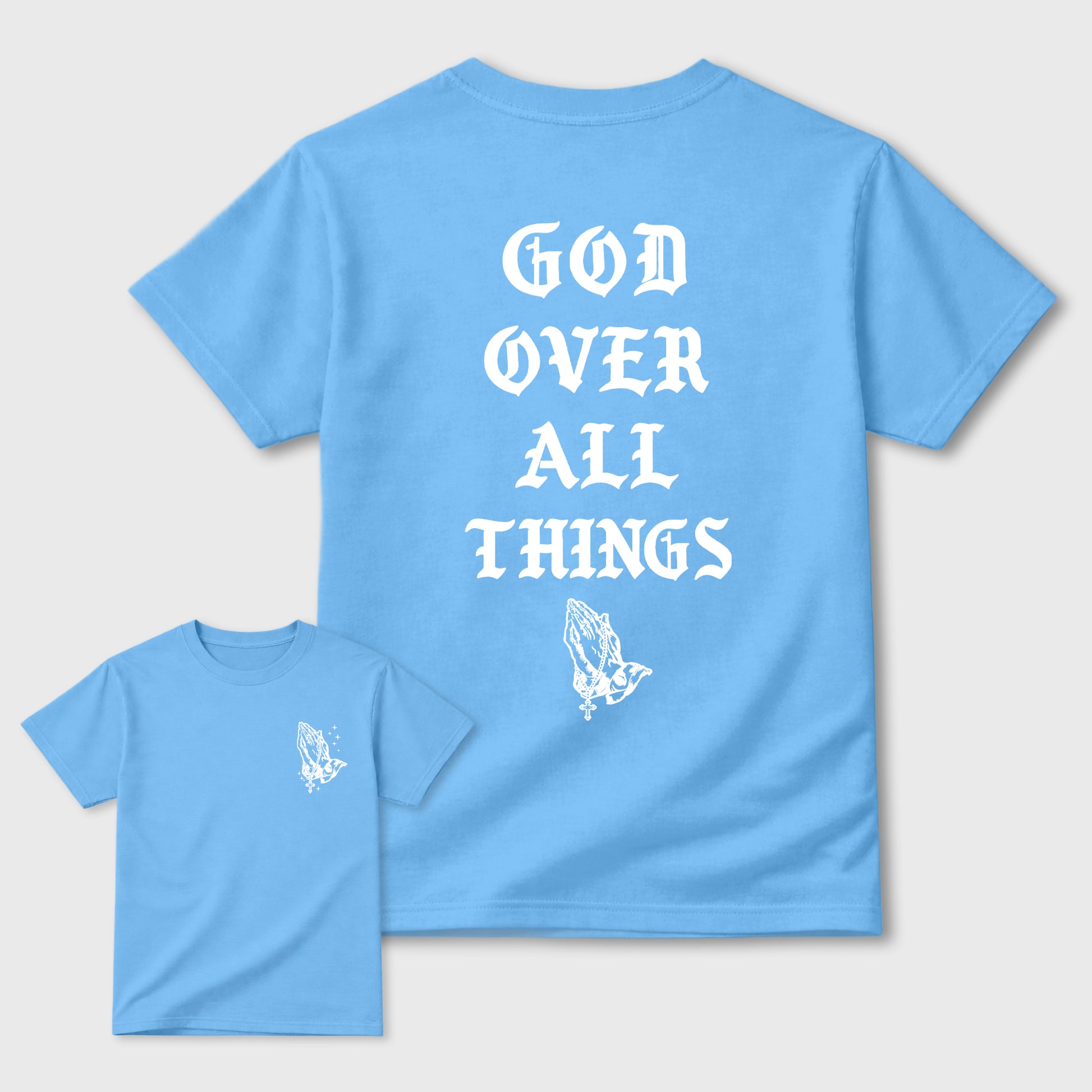 God Over All Things sneaker match t-shirt styled to complete your fit with the sneakers, Double side graphic tee. shown in Carolina Blue.