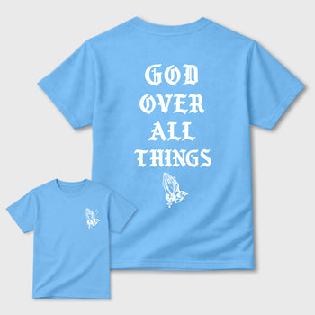 God Over All Things sneaker match t-shirt styled to complete your fit with the sneakers, Double side graphic tee. shown in Carolina Blue.